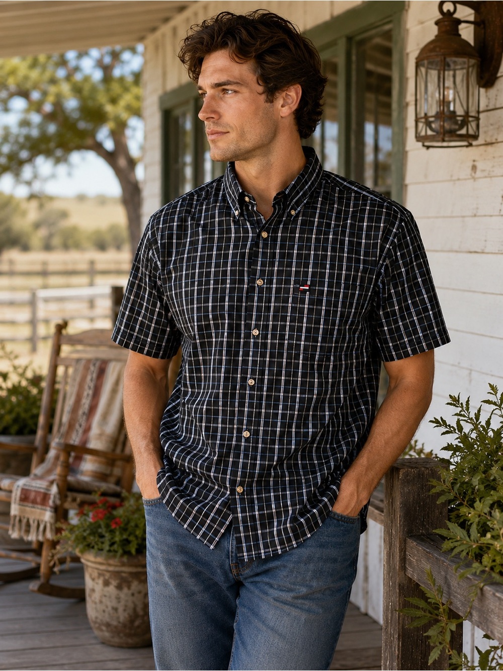 Maxini Sport Men's L Plaid Short Sleeve Button-Down Shirt Black Blue White